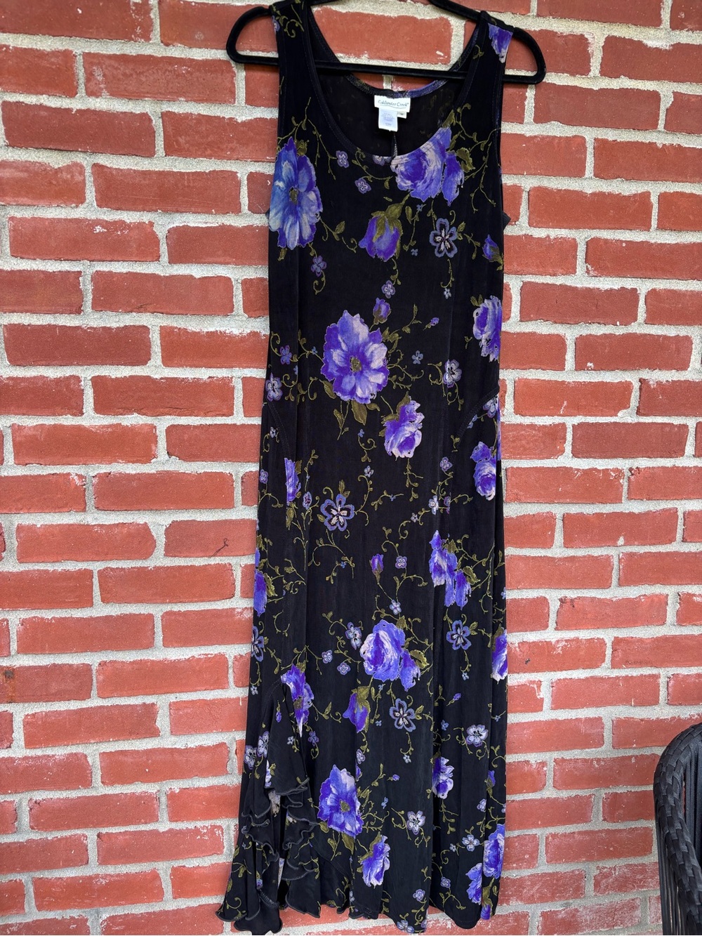 Vintage Black Floral Maxi Dress with Purple Bloom